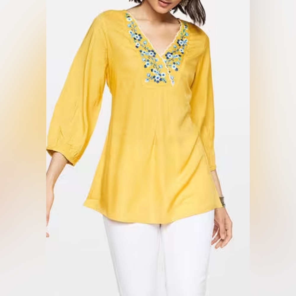 Women's XXL Soft Yellow Tunic V-Neck Floral Embroidery & Scallop Trim 3/4 Sleeve